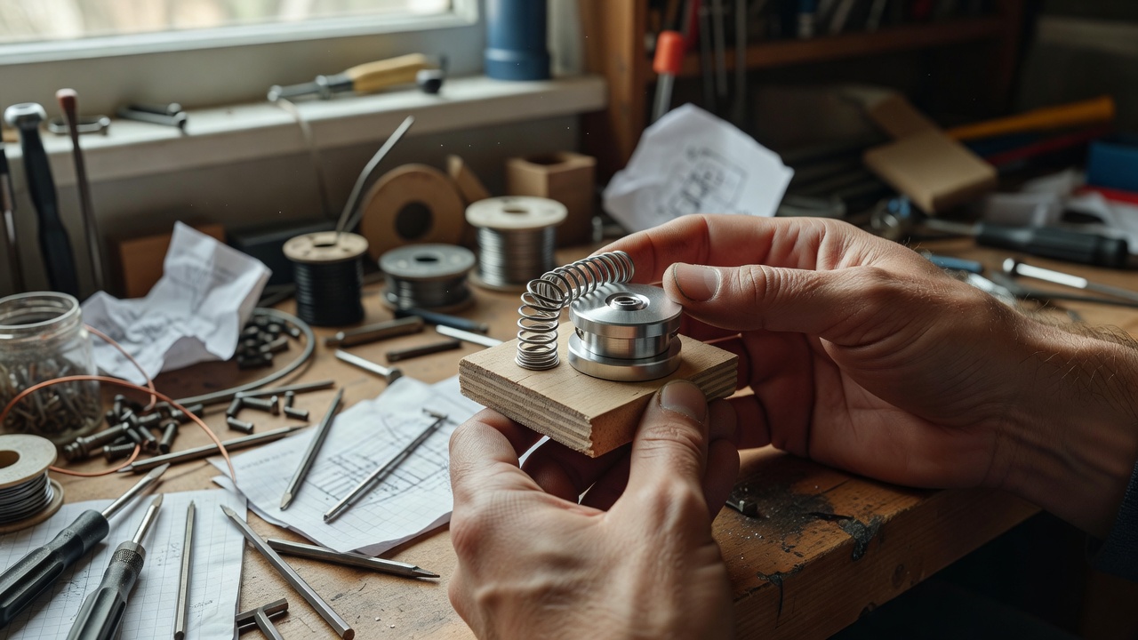 Hands rotating a small printed cam and spring follower prototype on a cluttered home workbench under window light