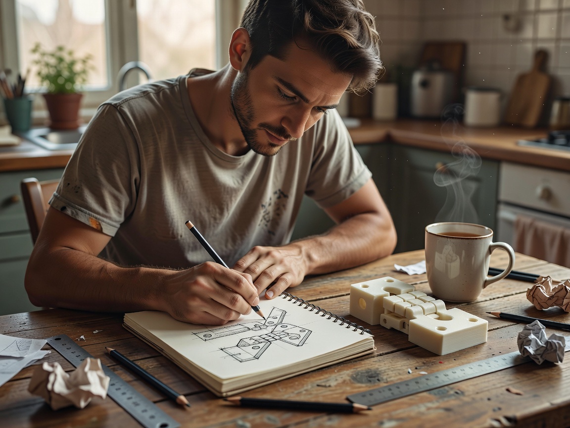 Maker sketching a small hinge mechanism at a kitchen table next to a printed prototype and a cup of tea in morning light