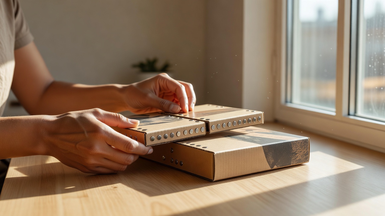 Person aligning two halves of a printed box lid fitted with small disc magnets, testing the self-locating fit beside a sunny window