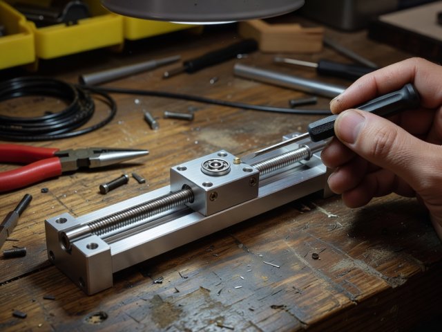 Miniatyyrinen johtoruuvilineaarivaihe pienellä laakerilla, jota säädetään käsin autotallin työpöydällä