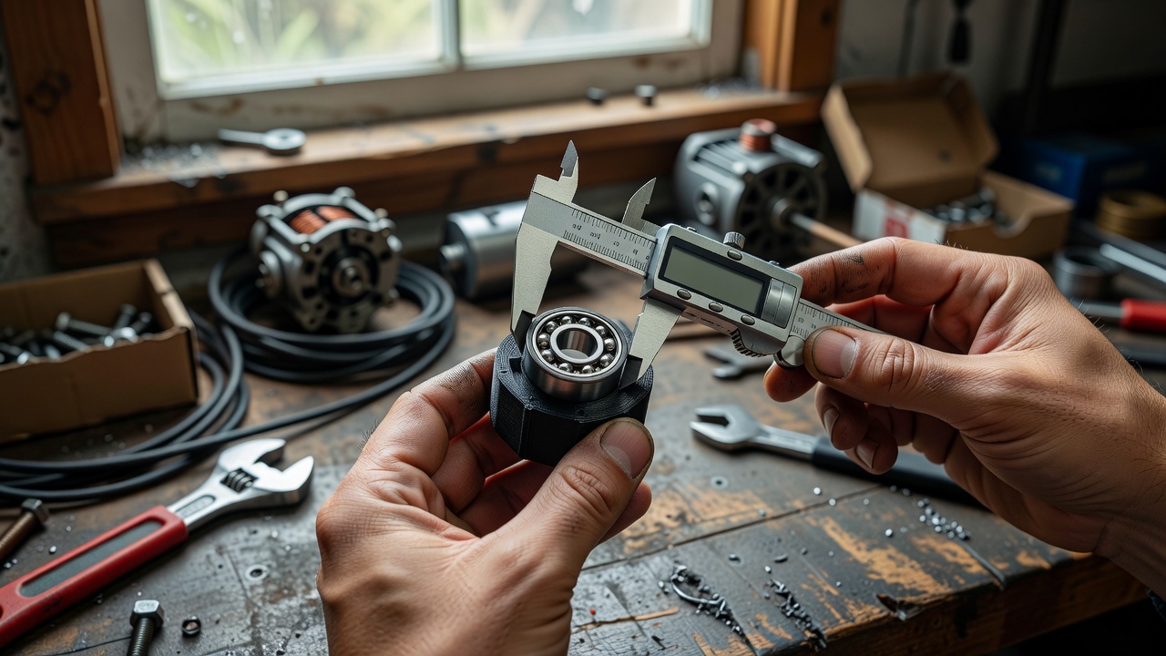 Hands measuring a 608 bearing pressed into a printed housing with digital calipers on a garage workbench by a window