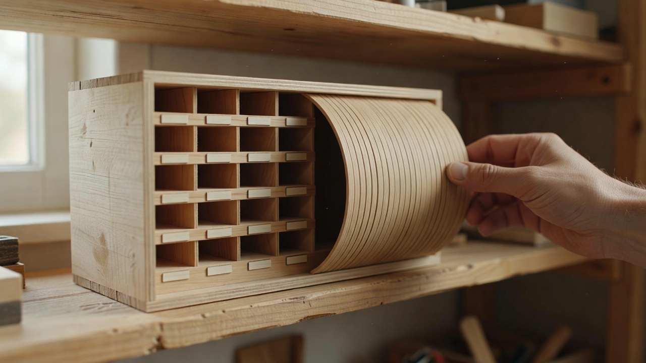 Hand zieht eine kleine Teilebox aus Holz mit Rollladentür in einem Heimregal auf und gibt beschriftete Fächer im Tageslicht frei